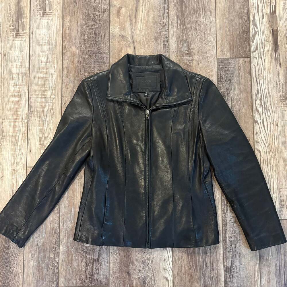 Avanti New York Black Genuine Leather Zip Jacket Women L Fitted Moto Minimalist